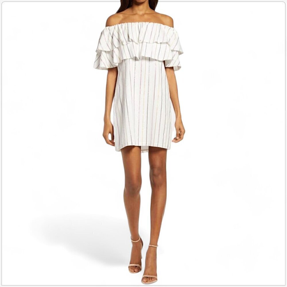 Charles Henry Metallic Stripe Popover Off Shoulder Summer Dress NWT NEW S